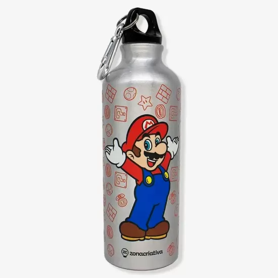 GARRAFA DE ALUMINIO AZUL 500ML C/ MOSQUETAO SUPER MARIO